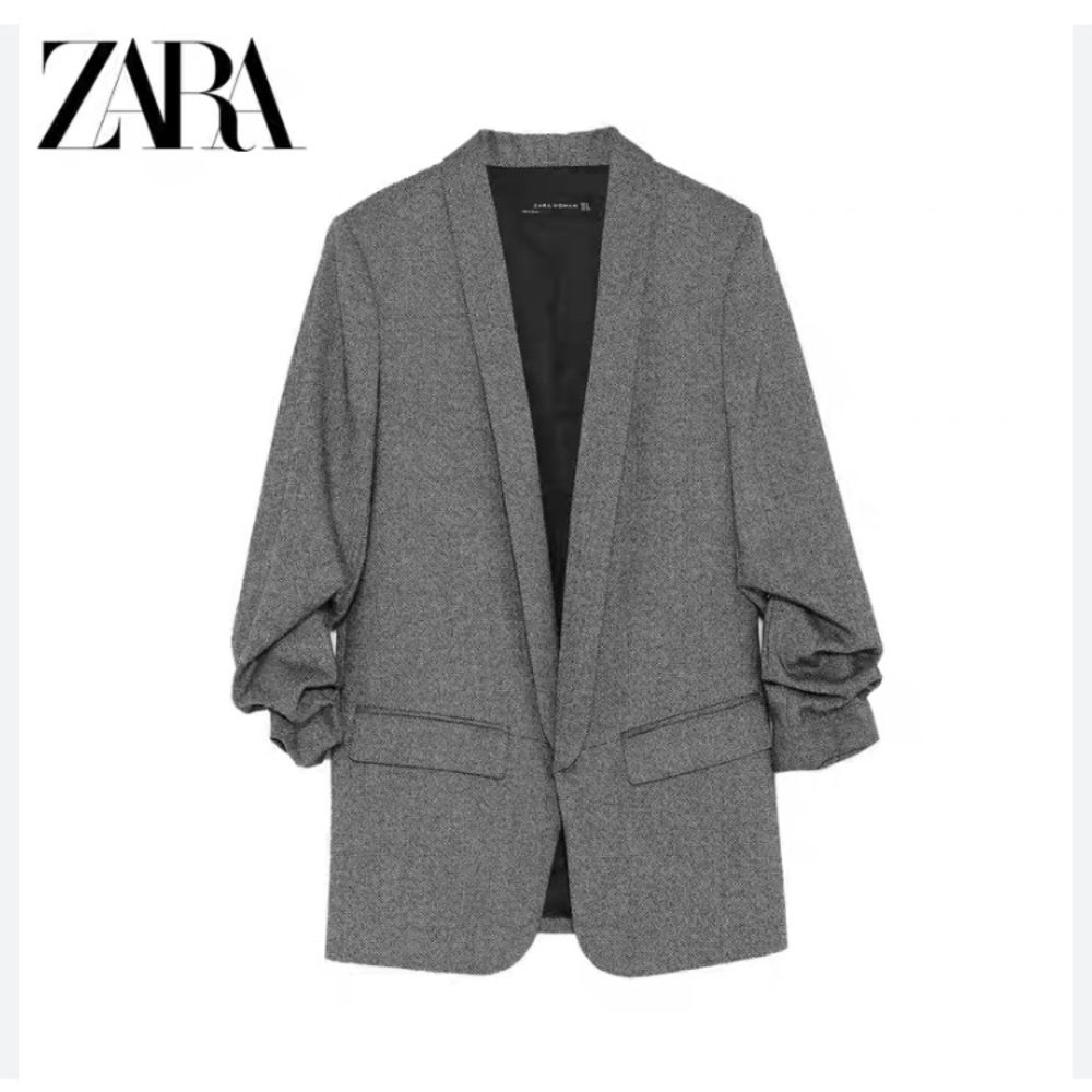 Zara Charcoal Grey Open Front 3/4 Cinched Sleeve Blazer